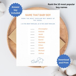Name that Baby Shower Game, Printable Baby Shower Game, Instant Download, Baby Girl or Boy Shower Game; Most Popular Baby Boy Name Game