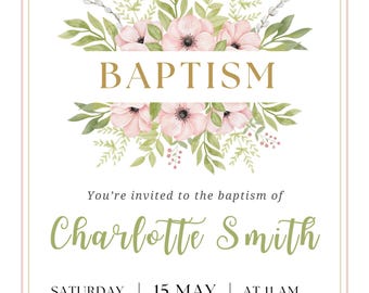 Editable LDS Baptism Invitation Pink Gold Floral Template Custom Download Digital File 5x7 Canva