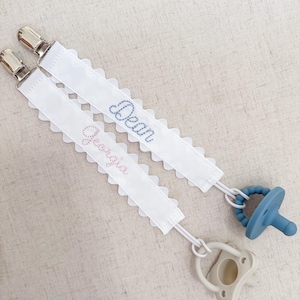 Personalized Embroidered Paci Clip | Heirloom Gift | Baby Shower Gift | Monogrammed Baby | Custom Keepsake | Baby Essentials