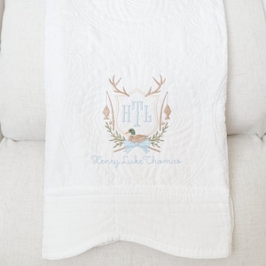 Personalized Embroidered Heirloom Quilt | Hunting Crest | Baby Shower Gift | Buck and Duck Frame | Monogrammed Newborn Gift