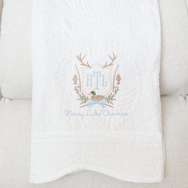 Personalized Embroidered Heirloom Quilt | Hunting Crest | Baby Shower Gift | Buck and Duck Frame | Monogrammed Newborn Gift