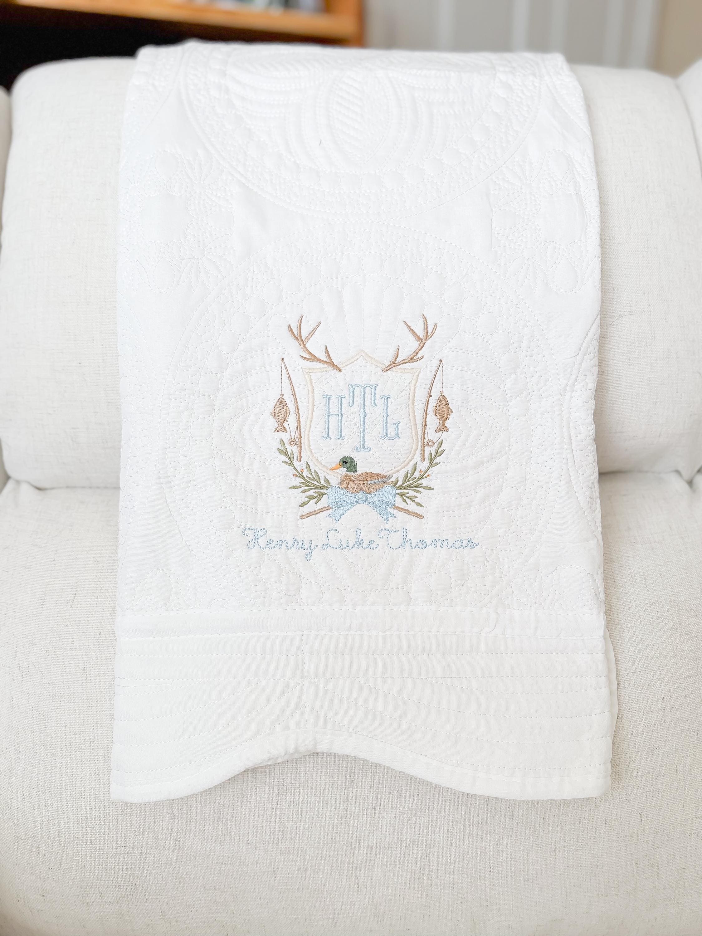 Personalized Embroidered Heirloom Quilt | Hunting Crest | Baby Shower Gift | Buck and Duck Frame | Monogrammed Newborn Gift