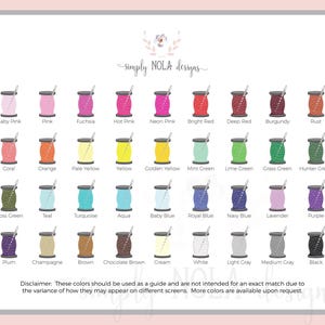 May include: A color chart featuring a variety of thread colors, including Baby Pink, Hot Pink, and Hunter Green. Each color is displayed on a spool with a needle. The text "Simply NOLA designs" is at the top.