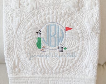 Personalized Embroidered Heirloom Quilt | Golf Frame | Baby Shower Gift | Monogrammed Baby Blanket | Custom Keepsake | Newborn Gift