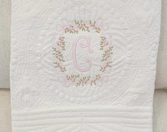 Personalized Embroidered Heirloom Quilt | Floral Bow Monogram Crest | Baby Shower Gift | Baby Blanket | Custom Keepsake | Newborn Gift