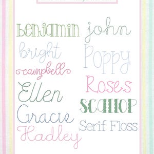 May include: A display of various name fonts in different styles and colors. The word "Fonts" is at the top, with "name fonts - vintage/floss stitch" below it. Names like "Benjamin", "Bright", "Campbell", "Ellen", "Gracie", and "Hadley" are shown.
