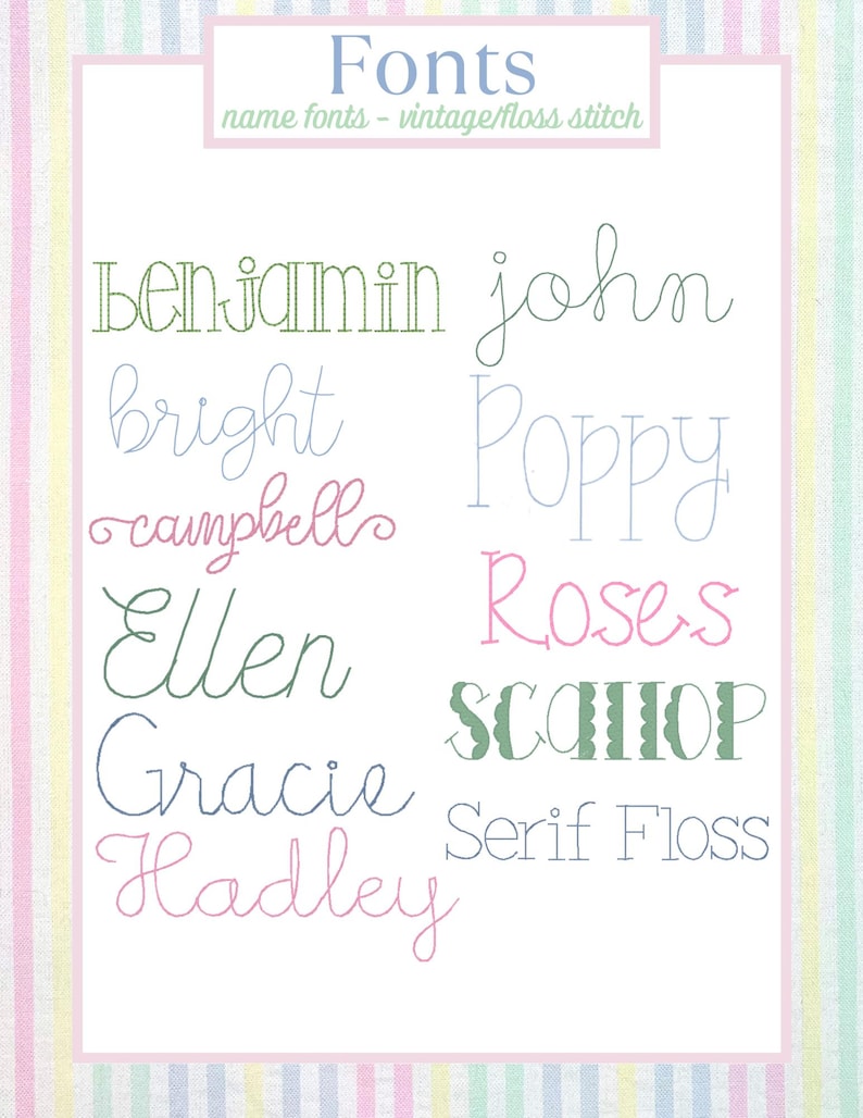 May include: A display of various name fonts in different styles and colors. The word "Fonts" is at the top, with "name fonts - vintage/floss stitch" below it. Names like "Benjamin", "Bright", "Campbell", "Ellen", "Gracie", and "Hadley" are shown.