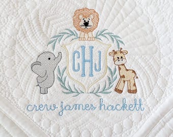 Personalized Embroidered Heirloom Quilt | Safari Theme | Baby Shower Gift | Monogrammed Baby Blanket | Custom Keepsake | Newborn Gift
