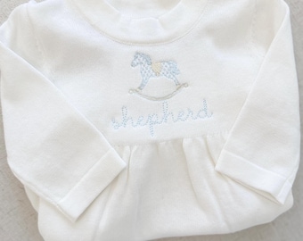 Personalized Embroidered Knit Gown | Heirloom Gift | Baby Shower Gift | Monogrammed Baby | Custom Keepsake | Baby Boy Rocking Horse Gift