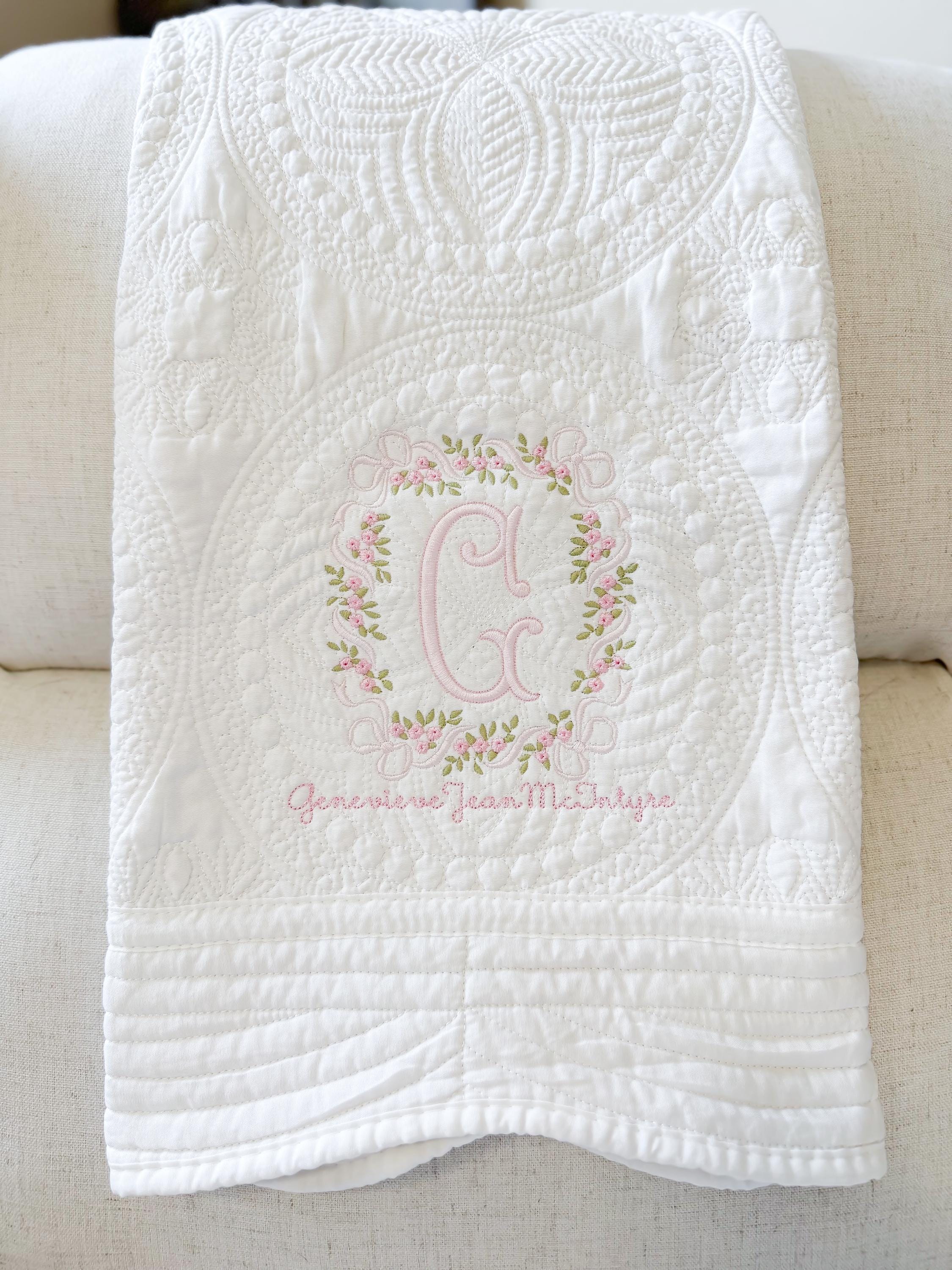 Quilted Monogram Personalized Embroidered Heirloom Quilt | Floral Bow Monogram Crest ...