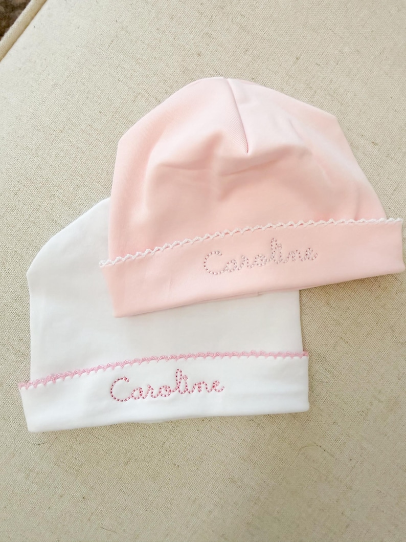 Personalized Embroidered Picot Trim Hat | Heirloom Gift | Baby Shower Gift | Monogrammed Baby | Custom Keepsake | Baby Essentials image 2