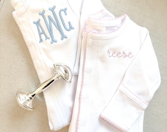 Personalized Embroidered Picot Trim Footie | Heirloom Gift | Baby Shower Gift | Monogrammed Baby | Custom Keepsake | Baby Essentials
