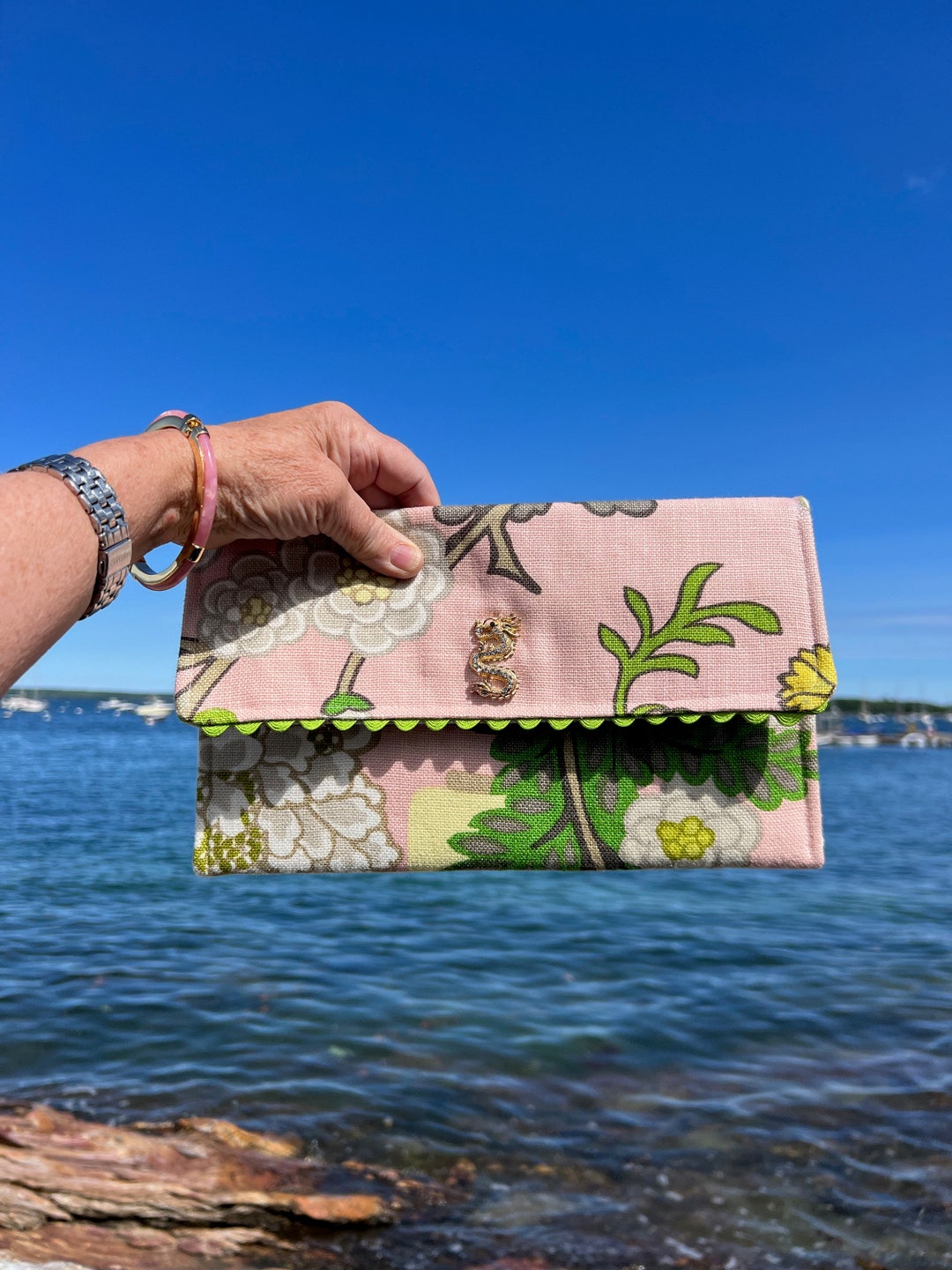 Pink Clutch Pink And Green Clutch Linen Clutch Foldover Clutch In pink-clutch-pink-and-green-clutch-linen-clutch-foldover-clutch-in