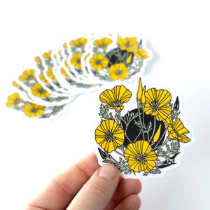 California poppies sticker, waterproof poppies sticker, waterproof sticker, water bottle sticker, laptop sticker, golden poppies sticker