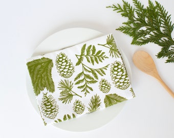 evergreen flour sack towel, pinecones print, pinecones tea towel, christmas tea towel