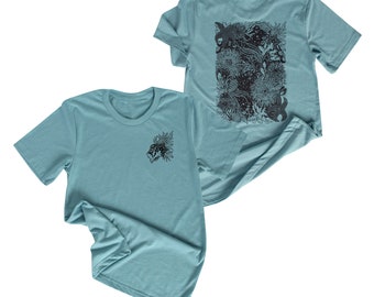 Tidepool unisex t-shirt, beachy shirt, tide pool print, ocean print, badge front, starfish, anemone, sea shells, front back shirt