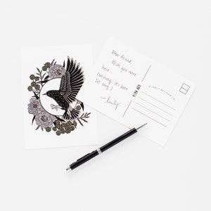 carte postale d’étourneau de printemps, carte postale de printemps, papeterie florale, floral géométrique, carte postale d’étourneau, carte postale d’animal, carte postale d’oiseau