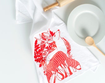 woodland tea towel, flour sack towel, holiday decor, deer towel, fox tea towel