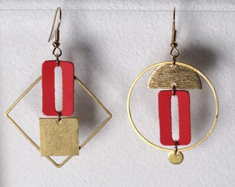 Original creations and unique pieces_ Asymmetrical/mismatched earrings_ Gold and red brass series