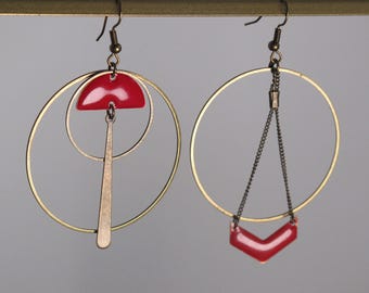 Original creations and unique pieces_ Asymmetrical/mismatched earrings_ Antique bronze and red brass series