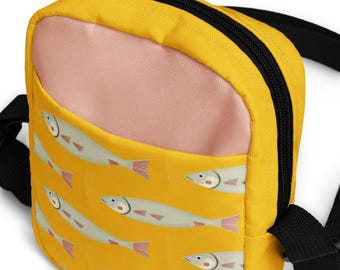 Sardine Crossbody Bag: Yellow & Pink Fish Pattern Sling Purse