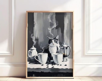Grafika z kotem i kawą: Fantastyczna dekoracja dla miłośnika zwierząt (do pobrania w wersji cyfrowej)