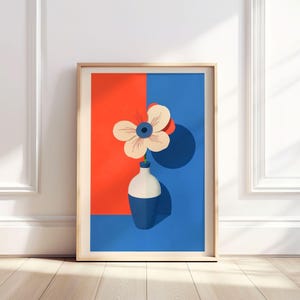Póster de jarrón de flores abstracto de color naranja / Arte de pared moderno vibrante de mediados de siglo para decoración de cocina y sala de estar
