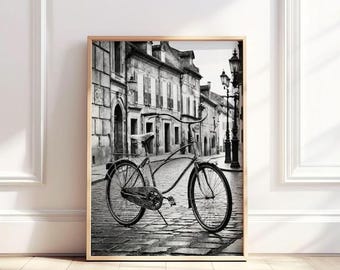 Wydruk fotografii zabytkowego roweru: Czarno-biała sztuka rowerowa (pobranie cyfrowe)