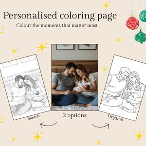 Op de afbeelding: Een gepersonaliseerde kleurplaat met de tekst "Personalised coloring page" en "Colour the moments that matter most". De afbeelding toont een familiefoto en een schetsversie van de foto. Kerstversieringen zijn op de achtergrond.