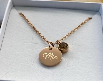 Personalized necklace with engraving & birthstone / Necklace with engraving / 13 mm / Stainless steel / Silver / Gold / Rose gold / Birthday / Communion / Confirmation