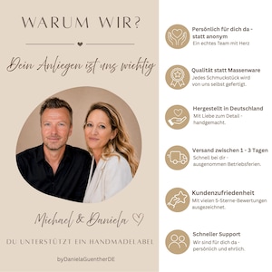 May include: An informational graphic with a beige background featuring a circular photo of a man and a woman. Text includes 'WARUM WIR?', 'Dein Anliegen ist uns wichtig', 'Michael & Daniela', and 'DU UNTERST&Uuml;TZT EIN HANDMADELABEL'. Six icons detail business values.