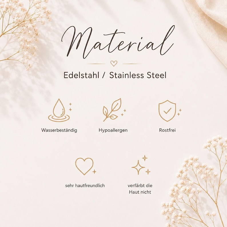 May include: An informational graphic with the text Material and Edelstahl / Stainless Steel. It features five gold icons representing product qualities: a water drop, a leaf, a shield with a checkmark, a heart, and four-pointed stars.