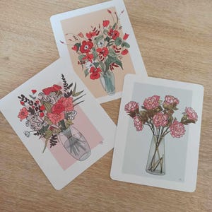 Lot de 3 Cartes Postales – Illustrations Florales – Art Botanique Élégant – Papeterie Originale – Bouquet de Fleurs – Cadeau Nature
