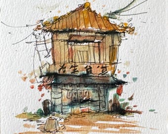 Watercolour Architecture Painting - Japanese Asian Storefront Print - Wall Decor Architectural Illustration - Detailed Wall Art