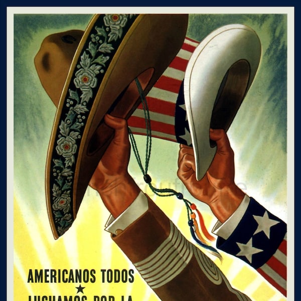 vintage world war 2 poster mexico and usa united for victory illustration digital download