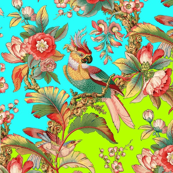 antique french chinoiserie tropical wallpaper,tropical bird illustration digital download