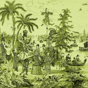 forest green acrobat chinoiserie wallpaper tropical trees pagoda tropical birds illustration digital download