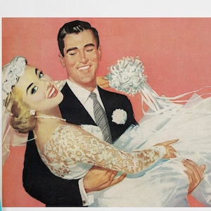 vintage wedding bride and groom mid century illustration digital download