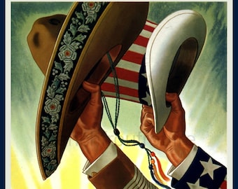 vintage world war 2 poster mexico and usa united for victory illustration digital download