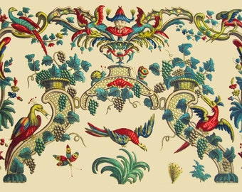 antique french chinoiserie wallpaper illustration phoenix bird peacock dragon digital download