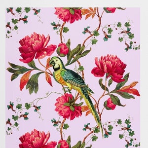 chinoiserie, red peony with macaw bird, antique French botanical wallpaper, digital download