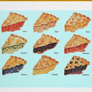 pomme, cerise, pêche, groseille à maquereau, raisin sec, fraise, myrtille, ananas, mûre, tartes illustration milieu siècle téléchargement numérique