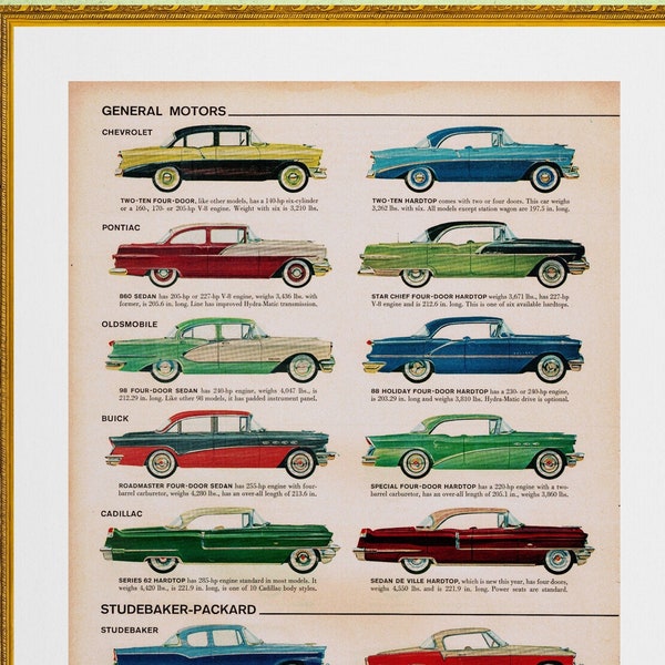 mid century 1950s classic American cars illustration sedan convertible digital download