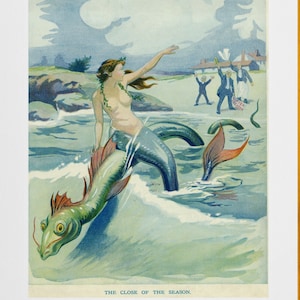 victorian mermaid and sea monster, antique illustration digital download