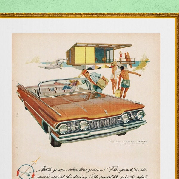 vintage mid century gold convertible, beach house, surfers, advertisement, digital download