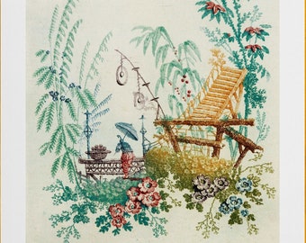 May include: A framed print of a botanical illustration featuring a delicate floral arrangement with a small wooden structure in the center. The artwork is set against a light green background.