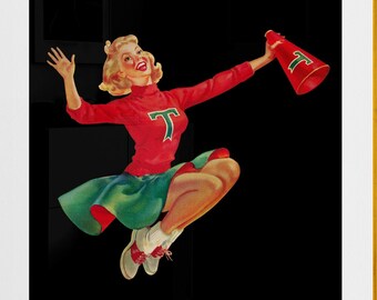 cheer leader pin-up mid century illustration ,transparent background and black background, digital download