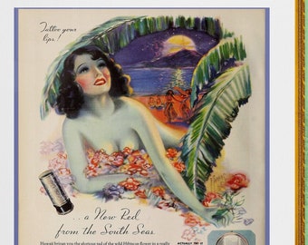 May include: Vintage advertisement for Tattoo Hawaiian lipstick, featuring a woman in a tropical setting with the text "a New Red from the South Seas" and "Tattoo Hawaiian".
