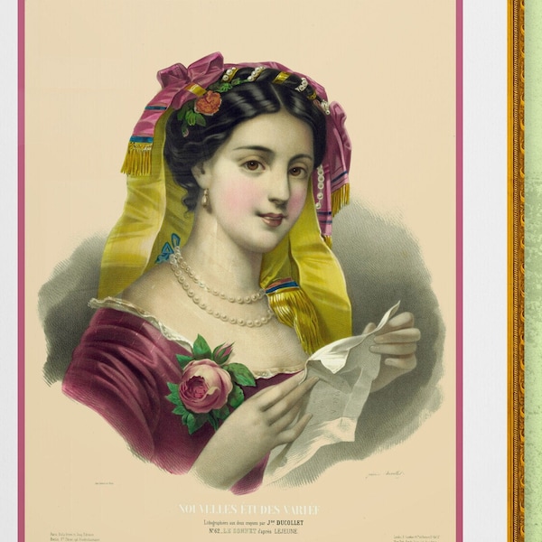 beautiful poetess , musician,  woman portrait, antique Victorian French  illustration, DIGITAL DOWNLOAD