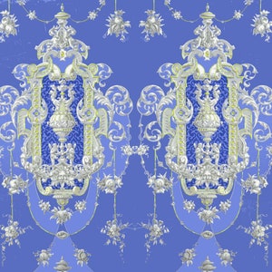 antike französische Chateau Marie Antoinette Tapete türkis Engel und Rosen Illustration